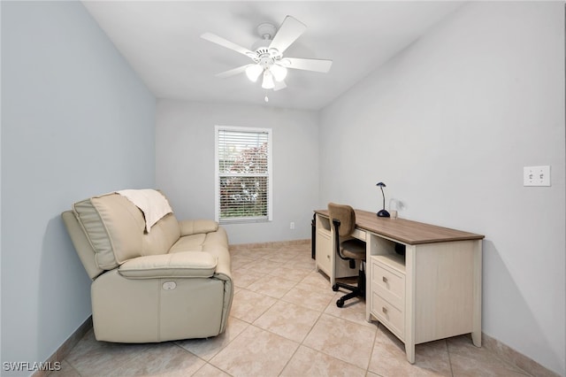 office area featuring ceiling fan and light tile patterned flooring