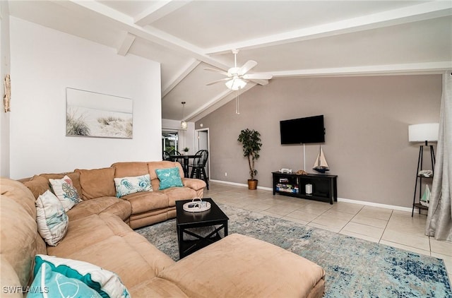 living room featuring vaulted ceiling with beams, ceiling fan, and light tile patterned floors