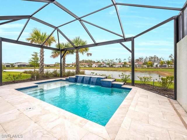 view of pool with a patio, a lanai, pool water feature, and a water view