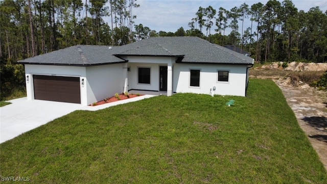 view of front of property with a garage, concrete driveway, roof with shingles, stucco siding, and a front lawn