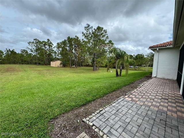 view of yard featuring a shed