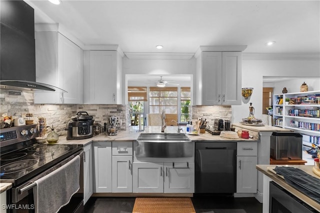 kitchen featuring white cabinetry, wall chimney exhaust hood, dishwasher, and stainless steel range with electric cooktop