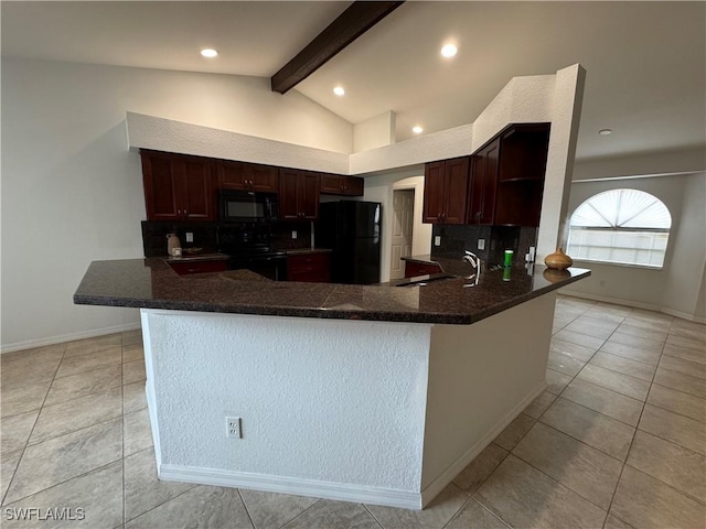 kitchen featuring black appliances, sink, kitchen peninsula, lofted ceiling with beams, and light tile patterned flooring