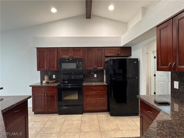 kitchen featuring decorative backsplash, dark stone countertops, high vaulted ceiling, beam ceiling, and black appliances