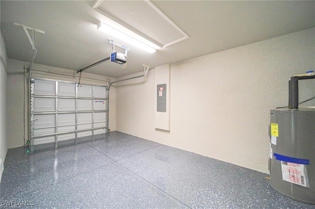 garage with electric panel, water heater, and a garage door opener