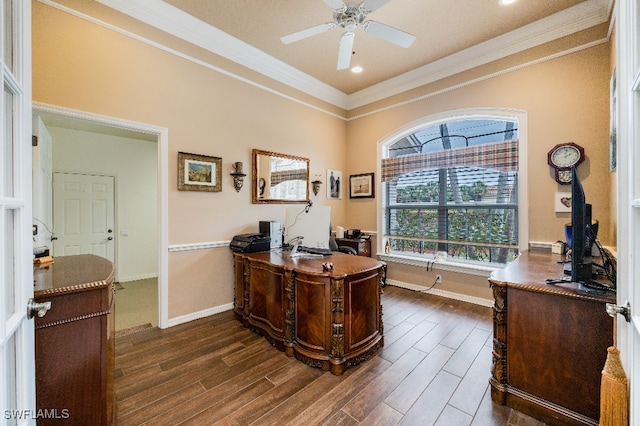 office area with ceiling fan, dark hardwood / wood-style floors, and crown molding