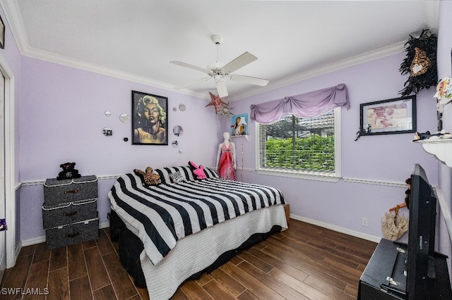 bedroom with ceiling fan and crown molding