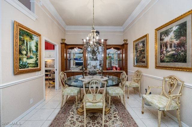 dining area with light tile patterned floors, an inviting chandelier, and ornamental molding