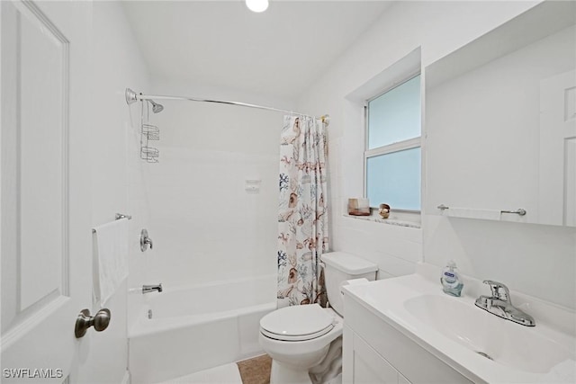 full bathroom featuring toilet, vanity, shower / bathtub combination with curtain, and tile walls