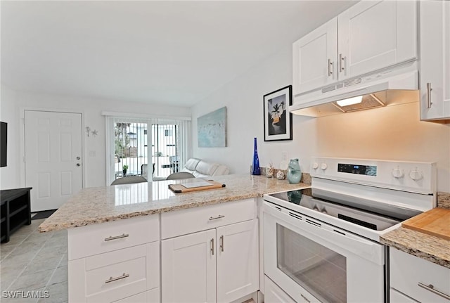 kitchen with white cabinetry, light stone countertops, kitchen peninsula, and electric stove