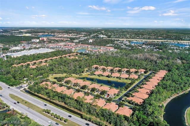 drone / aerial view featuring a water view