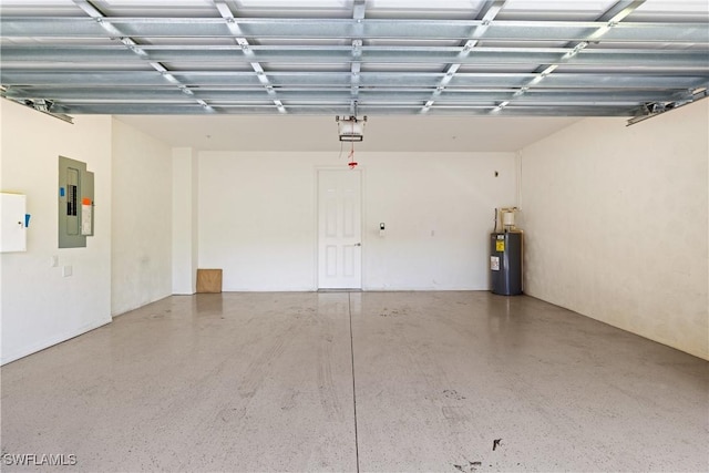 garage with a garage door opener, electric panel, and electric water heater