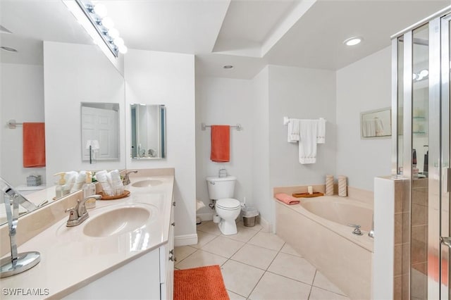 full bathroom with toilet, vanity, tile patterned flooring, and plus walk in shower