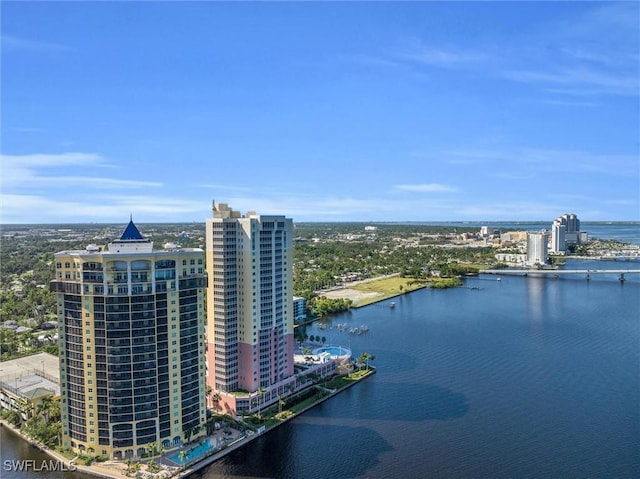 aerial view featuring a water view