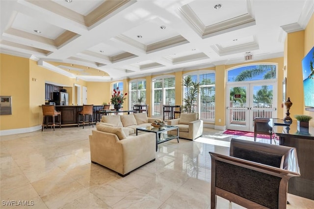 2743 1st St Unit 2106, Fort Myers, FL 33916 - living room featuring coffered ceiling, baseboards, beam ceiling, and ornamental molding