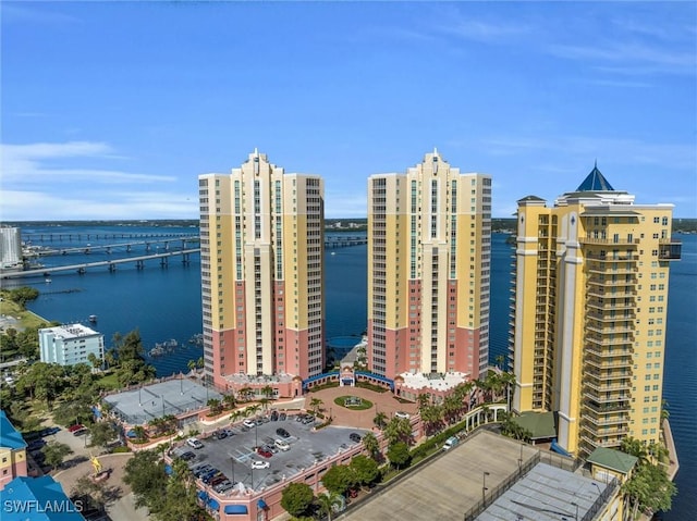 birds eye view of property featuring a water view