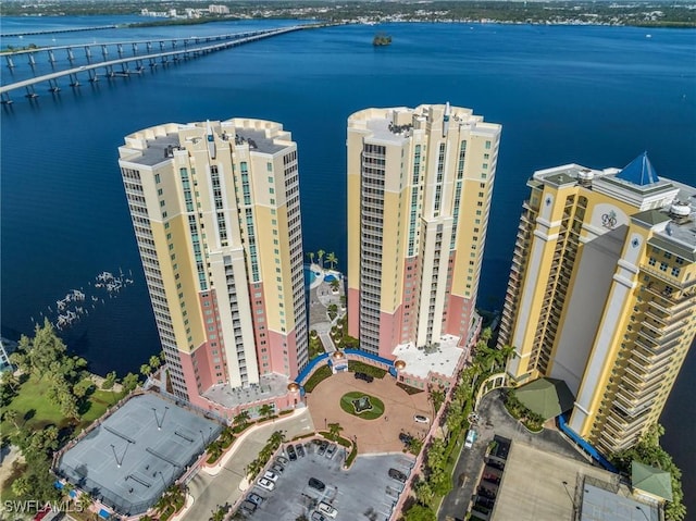 birds eye view of property featuring a water view