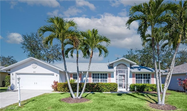 ranch-style home with a garage and a front yard