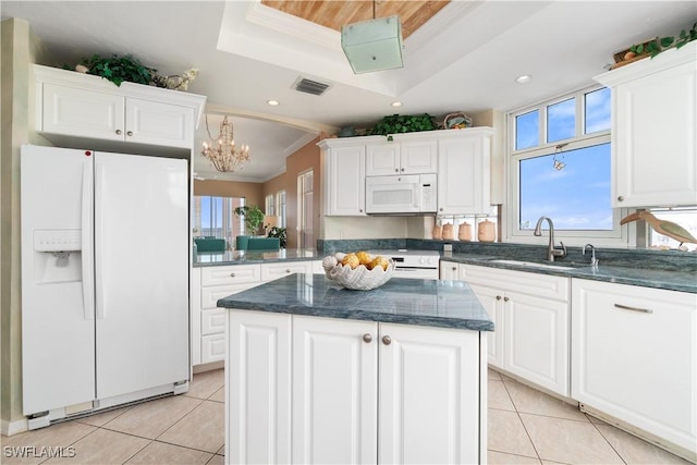 kitchen featuring sink, a center island, white appliances, and white cabinetry