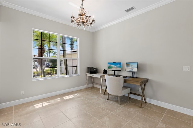 tiled office with plenty of natural light, crown molding, and an inviting chandelier