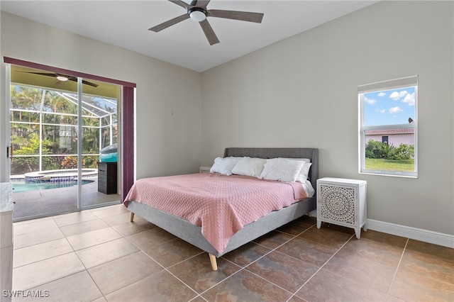 bedroom featuring ceiling fan, access to exterior, and tile patterned flooring