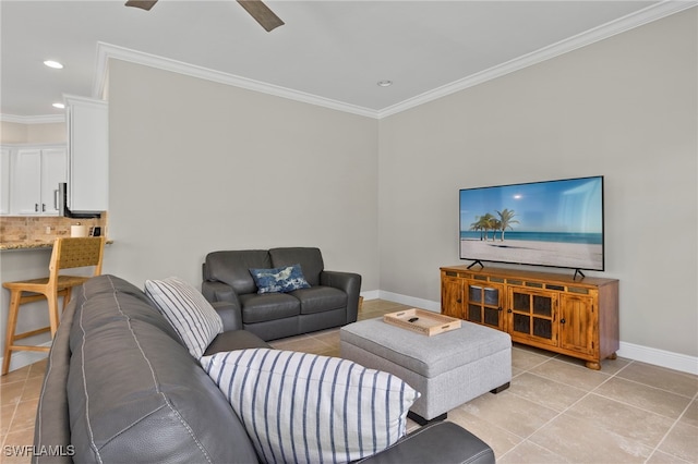 living room featuring ceiling fan, light tile patterned floors, and crown molding