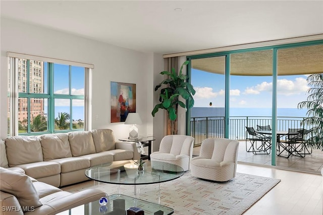 living room with hardwood / wood-style floors and a water view