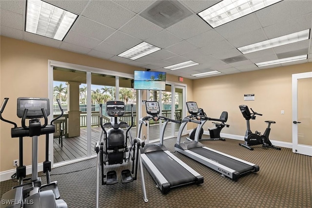 workout area featuring a paneled ceiling and carpet flooring