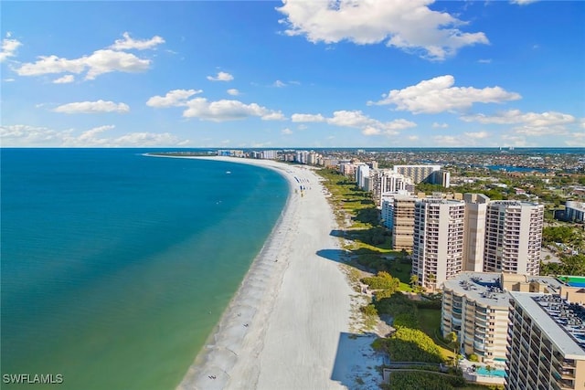 aerial view featuring a water view and a beach view