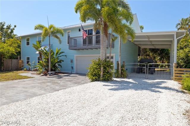 view of front of house featuring a garage and a balcony