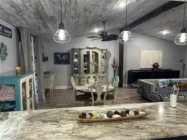 dining room featuring wood-type flooring, wooden ceiling, and ceiling fan