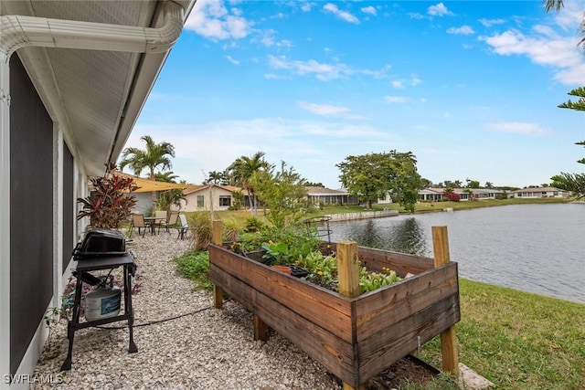 exterior space featuring a water view and grilling area