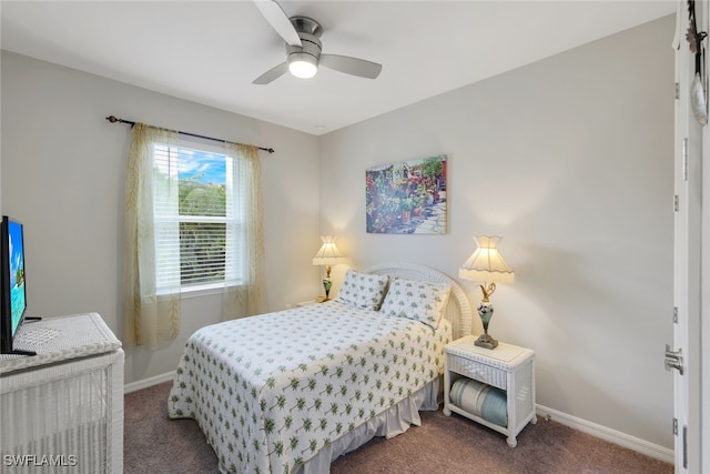 bedroom featuring ceiling fan and dark colored carpet