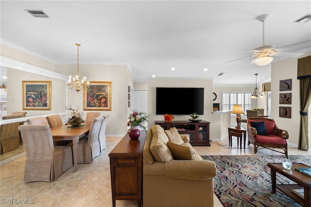 living room with ornamental molding, ceiling fan with notable chandelier, and light tile patterned floors