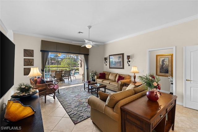 tiled living room with ceiling fan and ornamental molding