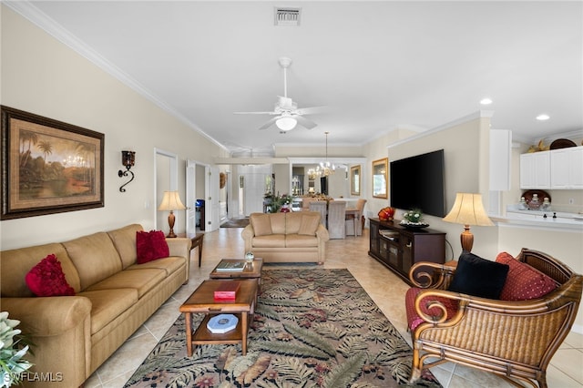 living room with ornamental molding, ceiling fan with notable chandelier, and light tile patterned floors