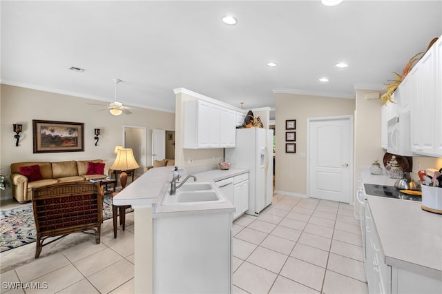 kitchen with sink, white cabinets, ornamental molding, kitchen peninsula, and white appliances