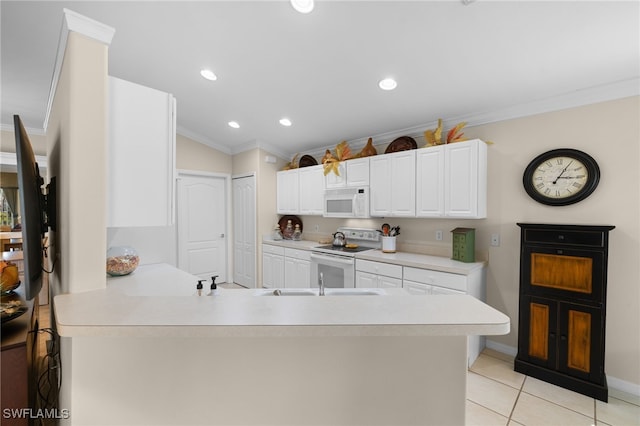 kitchen with white cabinets, ornamental molding, light tile patterned floors, kitchen peninsula, and white appliances