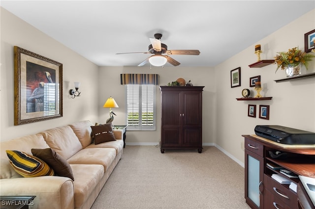 living room featuring light carpet and ceiling fan