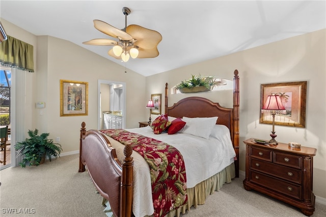 carpeted bedroom featuring lofted ceiling, connected bathroom, access to exterior, and ceiling fan