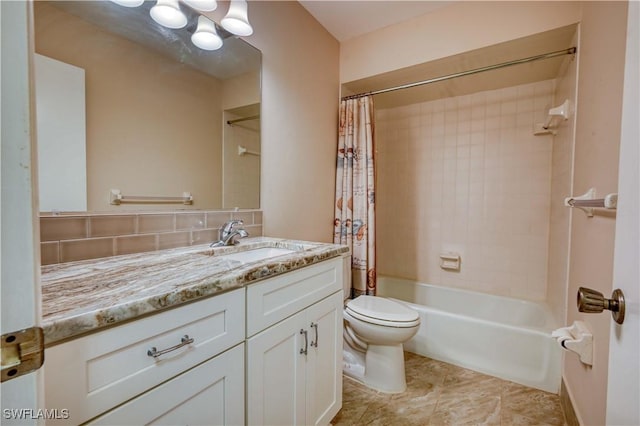 full bathroom with vanity, shower / bathtub combination with curtain, and toilet