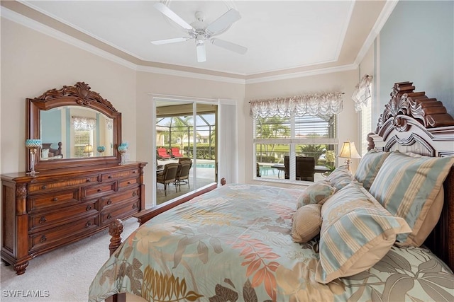 bedroom featuring ornamental molding, carpet flooring, access to exterior, and ceiling fan