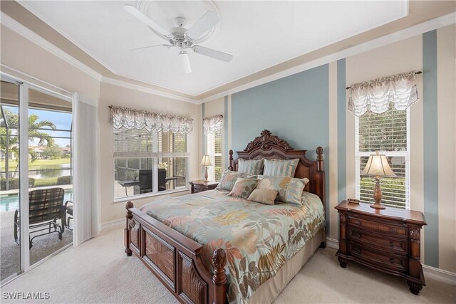 bedroom featuring multiple windows, light carpet, access to outside, and ceiling fan