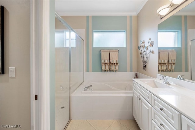 bathroom featuring ornamental molding, vanity, tile patterned floors, and plus walk in shower