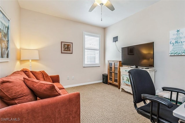 office featuring light colored carpet and ceiling fan