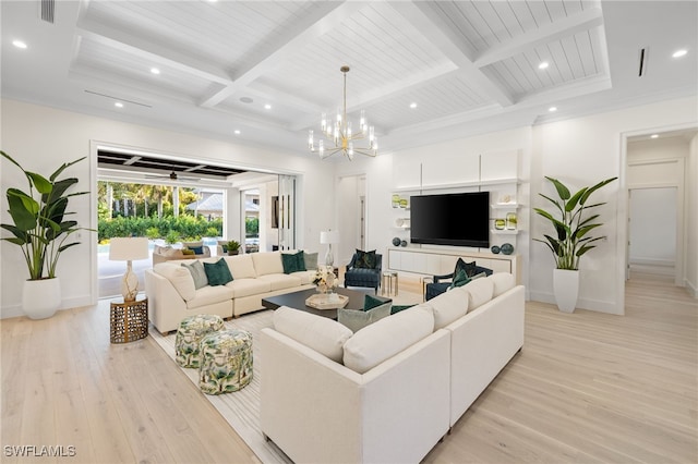 living room with beamed ceiling, coffered ceiling, and light wood-type flooring