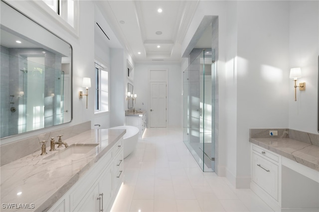 460 2nd Ave N, Naples, FL 34102 - full bathroom featuring a shower stall, vanity, recessed lighting, tile patterned flooring, and a freestanding tub