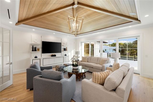 living room with an inviting chandelier, beam ceiling, wood ceiling, a raised ceiling, and light wood-type flooring