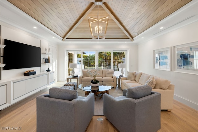 living room with vaulted ceiling, wooden ceiling, and light hardwood / wood-style flooring