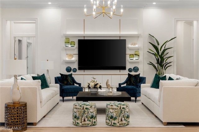 living room featuring crown molding and light hardwood / wood-style flooring